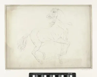 Studie van een lopend paard in een landschap