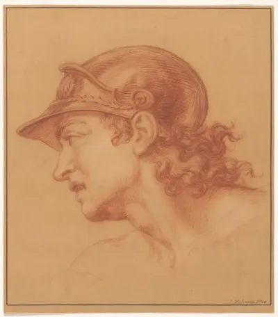 Studie van een man met helm en krullen