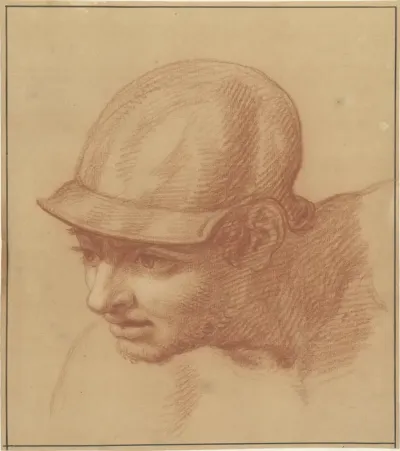 Studie van een manshoofd met helm, driekwart, naar links