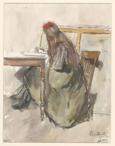 Studie van een meisje, zittend aan een tafel