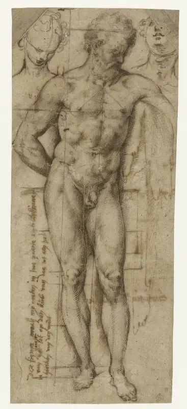 Studie van een naakte man (Hercules?) en twee hoofden van vrouwen