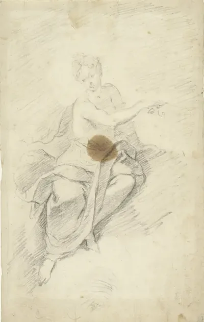 Studie van een nimf of godin zittend in de wolken