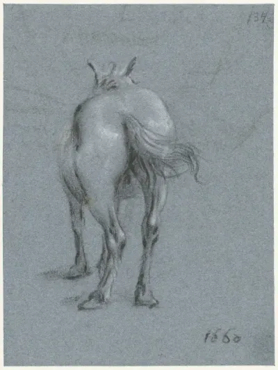 Studie van een paard met zwaaiende staart, van achteren