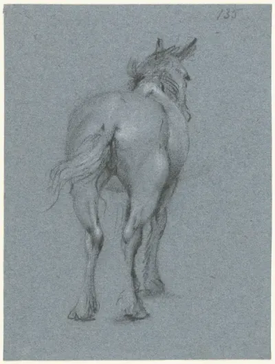 Studie van een paard zwaaiend met zijn staart, van achteren