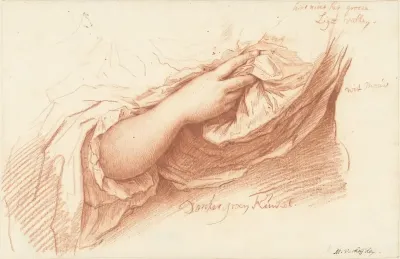 Studie van een rechterarm en hand op een wijde mouw
