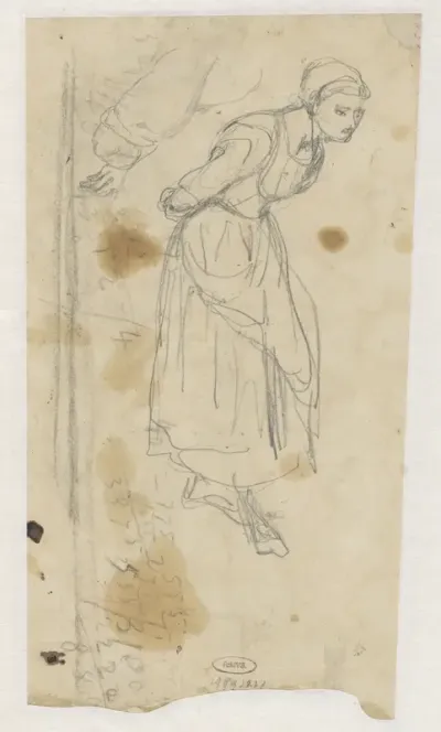 Studie van een staande boerin met de handen op haar rug, en een detail van een arm