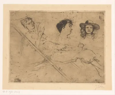 Studie van een vrouw in dekstoel en twee hoofden