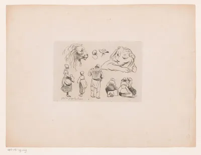 Studie van figuren en twee leeuwenkoppen
