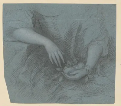 Studie van handen in een schoot, met in de linkerhand bloemen