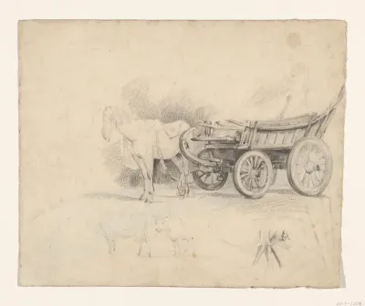 Studie van paard en wagen en koeien