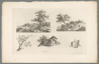 Studie van paden met wandelaars, een tak, schuur en een ruïne