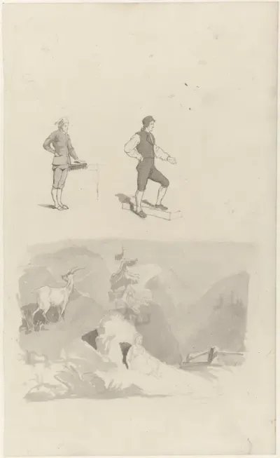 Studie van twee mannen en een berglandschap