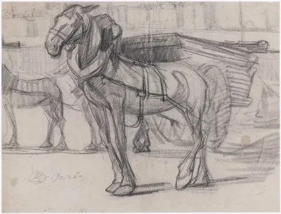 Studie van twee paarden voor een kar te Parijs