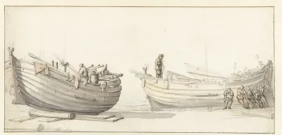 Studie van twee vissersboten met figuren