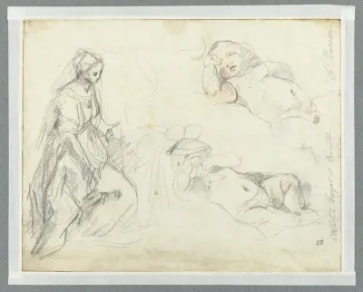 Studie voor de figuur van Maria in de Geboorte in het Prado, Madrid, en twee studie van een slapend Christuskind