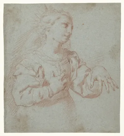 Studie voor een koninklijke bruid, die haar linkerhand uitstrekt (Catharina van Siena?)