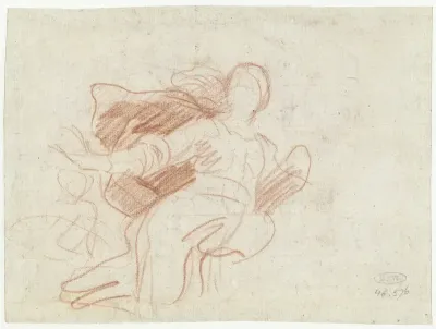 Studie voor een zwevende vrouwenfiguur met een wijde mantel
