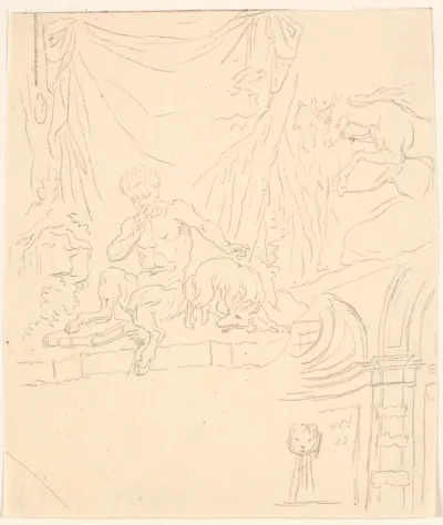 Studieblad; bl.a. siddende faun og et hestepar