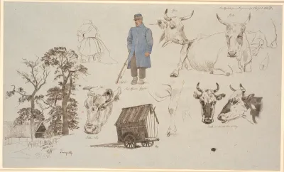 Studieblad fra malkepladsen ved Vognserup. Studier af køer. T.v. bondegård bag tre høje træer, i midten f.o. siddende malkepige med ryggen til samt en stående røgter. F.n. en røgtervogn