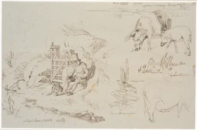 Studieblad fra Vognserup. T. v. en røgter (gamle Rasmus Larsen) siddende med en hund ved et led. F.o.t.h. et landskabsstudie med stedbetegnelser. Herunder to grise. T.h.m.f. studie af siv i en sø. Herunder en kongelysplante og studie af en so