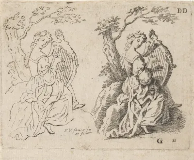 Studieblad. Harp spelende vrouw