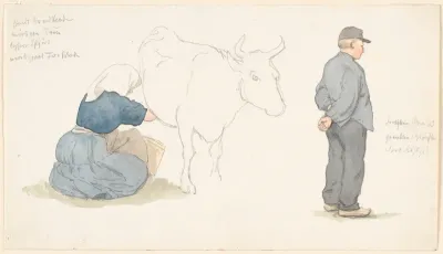 Studieblad med pige, der malker en ko, t.h. stående bonde.