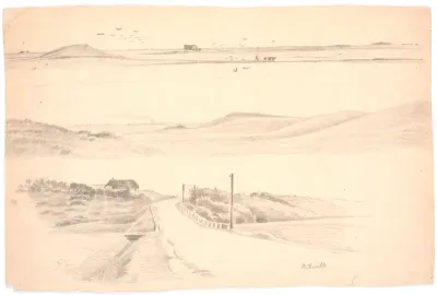 Studieblad med tre landskaber fra jylland. Øverst: landskab med pløjemark; midten: landskab med høje bakker; nederst: landskab med hus og vej
