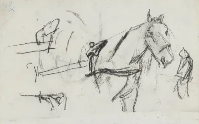 Studieblad met aangespannen paard, disselboom en staande figuur