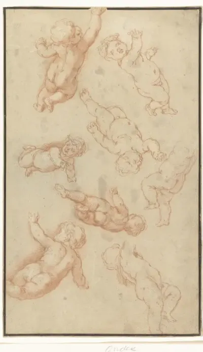 Studieblad met acht zwevende putti