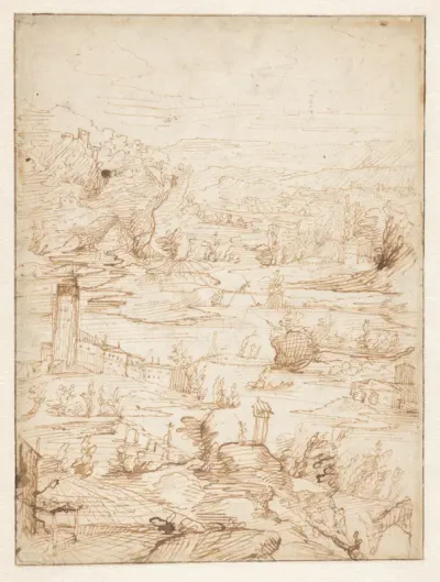 Studieblad met berglandschap en gebouwen