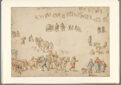 Studieblad met boerenwagens, vee, landlieden en ruiters