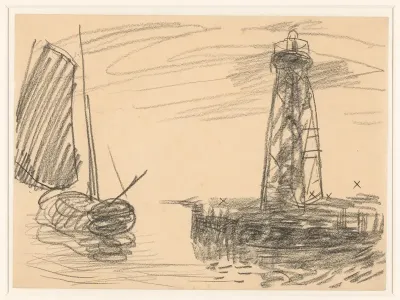 Studieblad met boot en vuurtoren