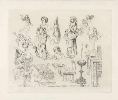 Studieblad met dansende en musicerende figuren