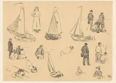 Studieblad met diverse figuurstudies en vissersboten