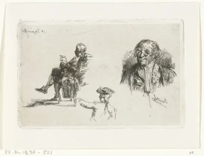Studieblad met drie figuren
