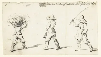 Studieblad met drie lopende figuren