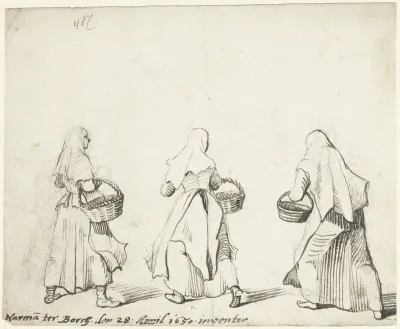 Studieblad met drie lopende vrouwen, van achteren