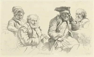 Studieblad met drie oude mannen en een jonge vrouw