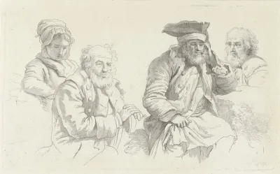 Studieblad met drie oude mannen en een jonge vrouw