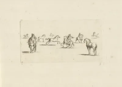 Studieblad met drie ruiters en paarden