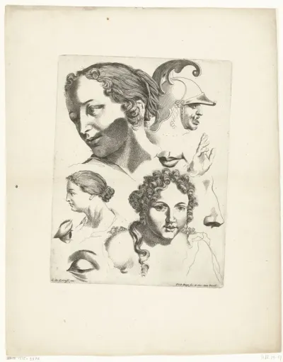 Studieblad met drie vrouwenhoofden en een man met helm