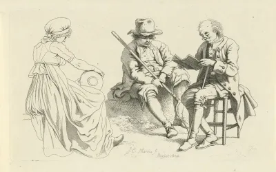 Studieblad met drie zittende figuren