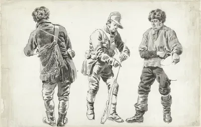 Studieblad met een jager (?) op de rug gezien, een soldaat en een visser