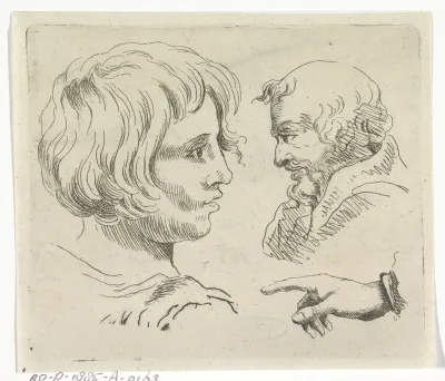 Studieblad met een kindergezicht, het gezicht van een oude man en een wijzende hand