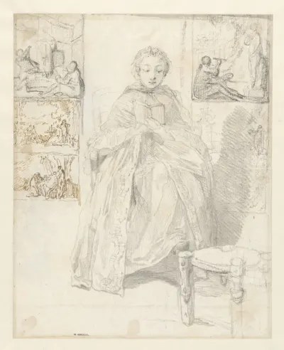 Studieblad met een lezende vrouw en enkele schetsen
