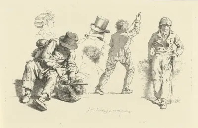 Studieblad met een man bij een mand en figuren