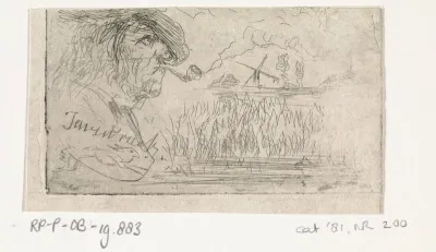 Studieblad met een pijprokende man en een landschap met molen