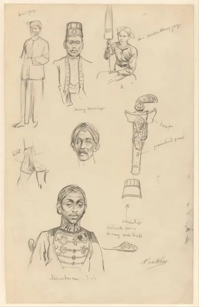 Studieblad met een portret van de Soesoehoenan van Solo, kleding, hoofddeksels en een kris