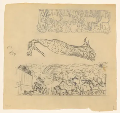 Studieblad met een reiger en dieren die inschepen in de ark van Noach