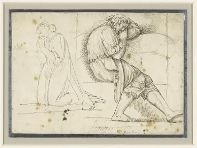 Studieblad met een slapende jongeman en een geknield biddende vrouw